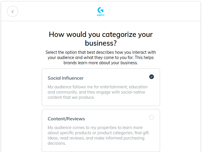 Impact Signup Business Category Step